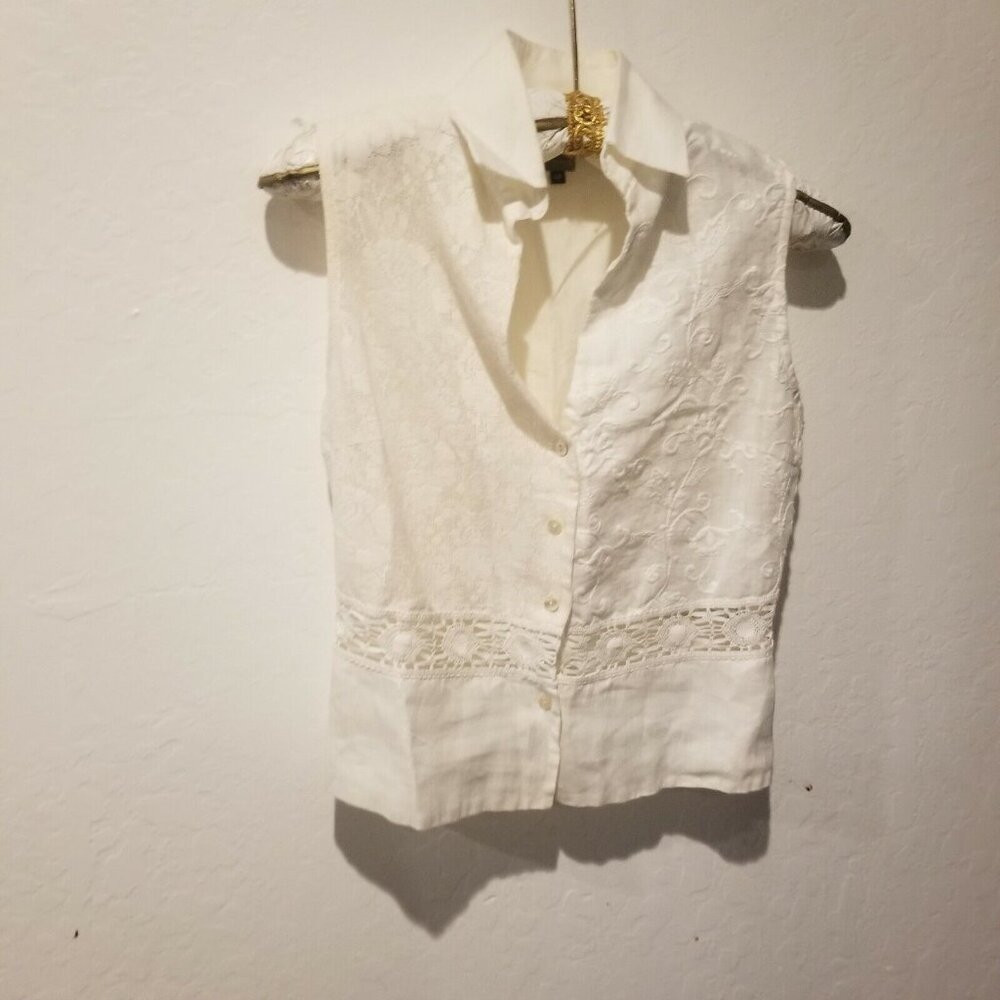 M.P. Made in Italy Womens Size 46 Flax Cotton Lace Trim Button Up Sleeveless Top